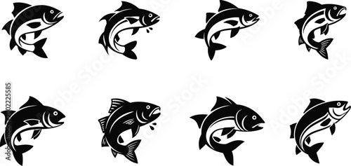 Leaping fish silhouettes a pattern of aquatic wildlife in black and white