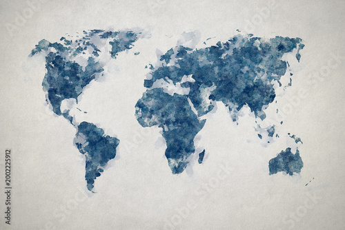 Grunge world map on vintage paper background in watercolour style.
