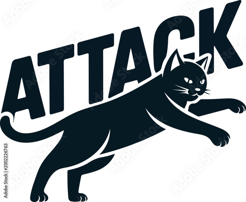 Black cat leaping with word attack jumping