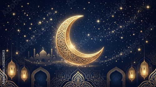 Golden crescent moon shines brightly in starry night sky with mosque and lanterns, Ramadan celebration concept.
