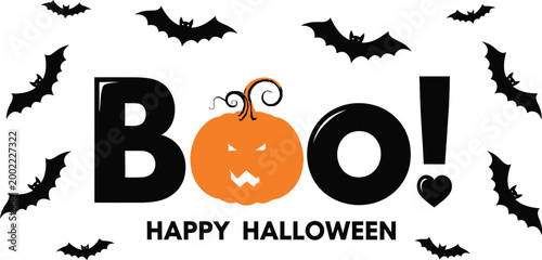 Foto boo happy halloween text with pumpkin and bats