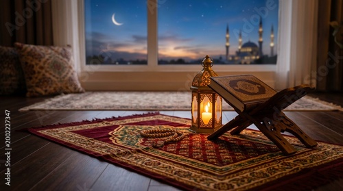 Muslim prayer mat with Quran and lantern on wooden floor at dusk with mosque view