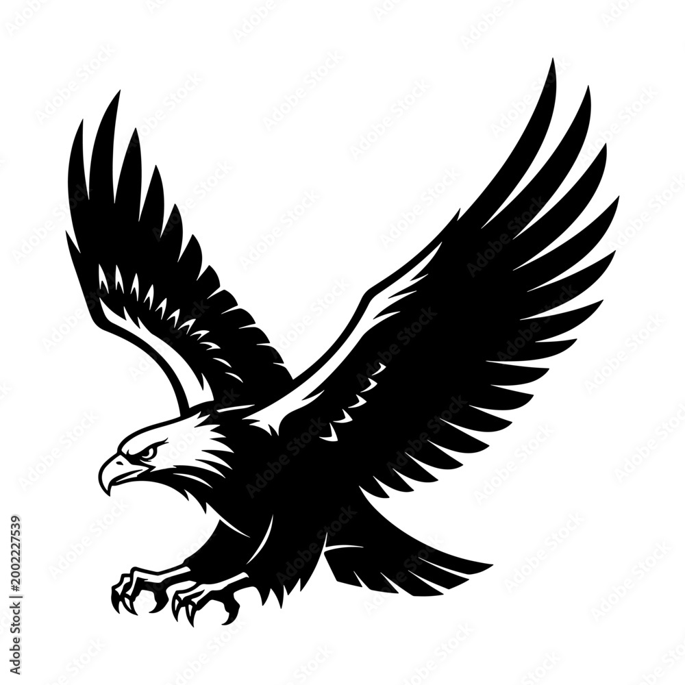 Fototapeta premium A dynamic black silhouette of a majestic eagle in flight with outstretched wings showcasing power