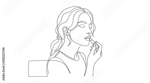 Minimalist continuous line drawing of a woman applying lipstick with beauty and makeup concept
