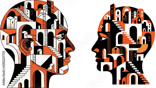 Surreal psychology concept vector, human head silhouettes with complex city architecture inside, mental health and cognitive process illustration