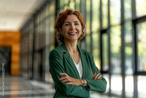 Professional woman smiles with arms crossed standing in modern office space during daytime