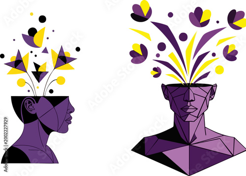 Geometric mental health concept vector, purple human head profile with blooming flowers, creative mind and psychological growth illustration