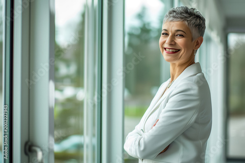 Business professional stands by a large window with a smile in an office setting during daytime
