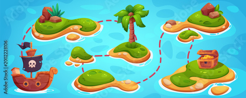 Cartoon tropical island with palm tree, pirate ship and buried treasure chest on sandy beach. Ocean game background with jungle foliage, wooden boat and Caribbean adventure game level map scene.