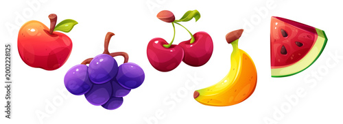 Vibrant 3D fruit icons for casino slot machines - cherry and watermelon, grape and banana, apple symbols. Colorful game elements with food badges, jackpot assets and ui design for betting apps.