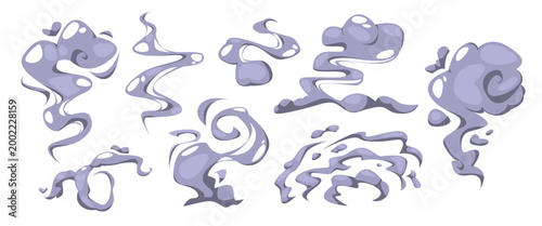 Smoke effect vector with dynamic manga style clouds and cartoon dust elements. Dramatic smoke puff and explosion graphics for comic animation, game design and motion backgrounds. Swoosh smog icons.