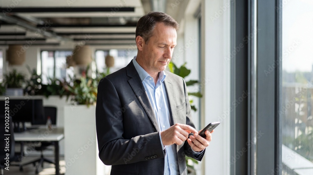 Fototapeta premium Businessman in modern office looking at smartphone standing by window with blurred background of coworking space