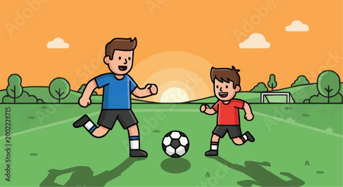 Two boys playing soccer on a green field at sunset outside