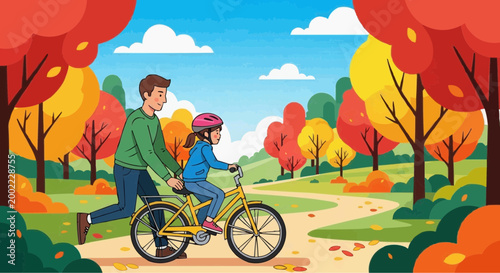 A vector illustration of a father and daughter riding a bicycle together in an autumnal park
