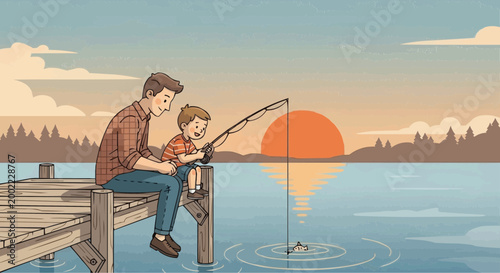 A vector graphic illustration of a father and son fishing together on a dock at sunset