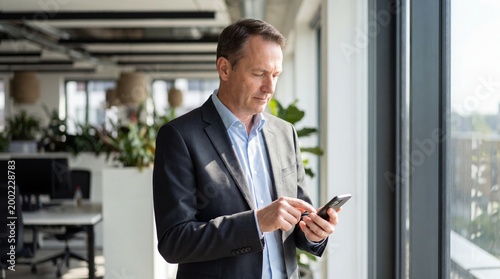 Businessman in modern office looking at smartphone standing by window with blurred background of coworking space