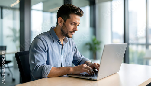 Young man working on laptop computer in office smiling at desk