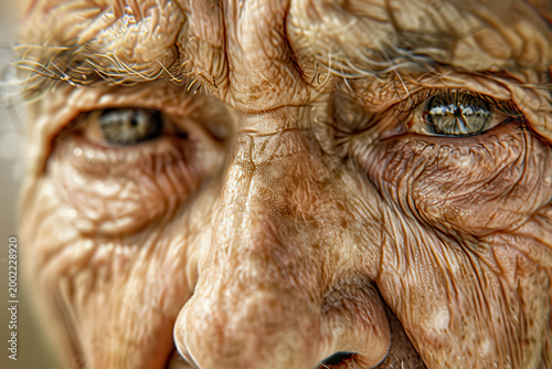 Close look at elderly person's face showing deep wrinkles and expressive eyes in natural light