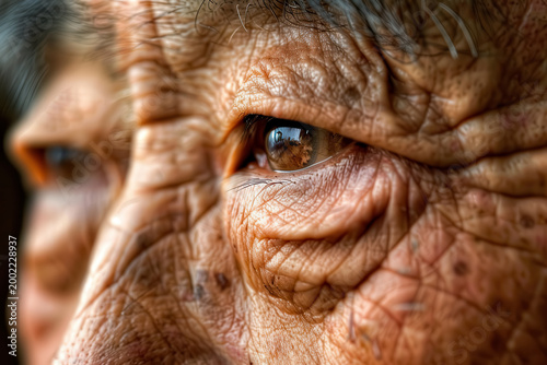 Close view of elderly faces showing wrinkles and details of life experiences in a warm environment during daytime
