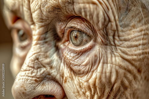 Close-up view of an elderly person's face showing wrinkles and wise eyes in natural light