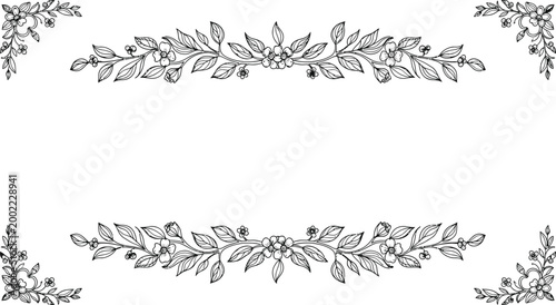 Intricate hand drawn floral border vintage style botanical illustration