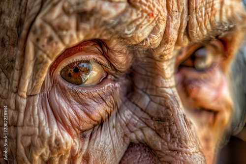 Close view of an elder person's eye with wrinkles in natural light showing details of age and experience