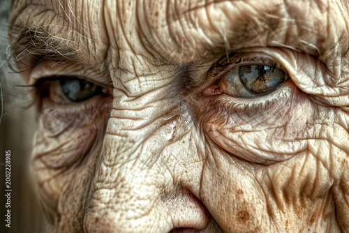 Close view of an elderly person's face showing deep wrinkles and eyes reflecting light from nearby objects in a simple indoor setting