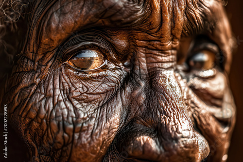 Close up view of an elderly face showing deep lines and reflections in the eyes at a specific moment in time