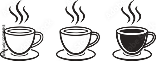 Set of three minimalist hot chocolate mugs with steam