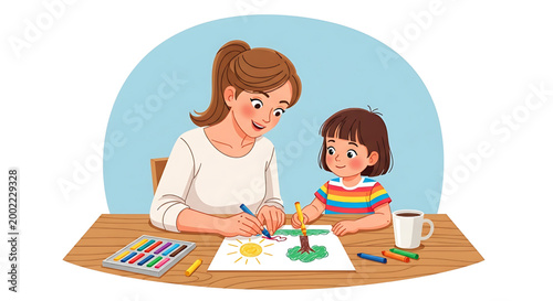 Happy mother and child spending quality time together, drawing and coloring with crayons, fostering creativity and learning at home
