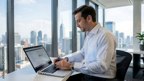 Young businessman working on laptop in office smiling at desk with success and professionalism