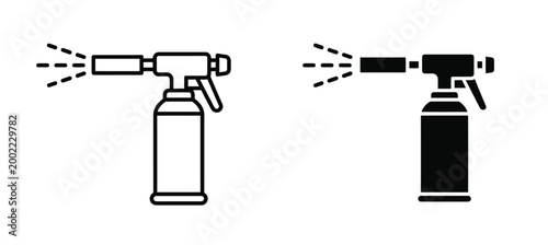 Fényképezés Outline and solid black icons of a hand-held spray bottle or torch emitting a spray