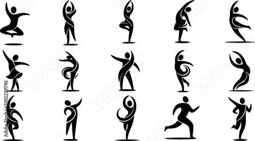 Black silhouettes of people doing yoga and running poses