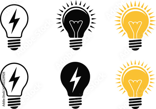 Light bulb icon set, vector collection of idea and energy symbols for creativity brainstorming innovation and concept visualization design.