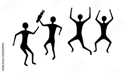 Ancient rock art silhouette celebrating rituals and joyful movement in tribal dance