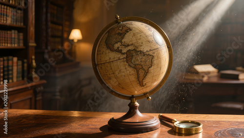 Vintage world globe and brass compass on an old desk, history of discovery and antiquity concept.