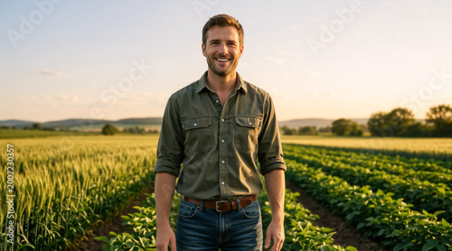 Smiling male farmer standing in a green agricultural field at sunset. Confident caucasian man wearing a green shirt and jeans in the countryside. Agricultural business and organic farming concept