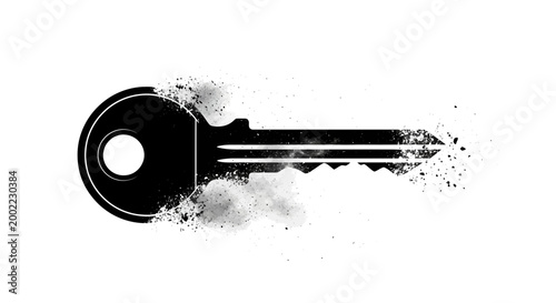 Black silhouette of a metal key dissolving into particles and smoke effect