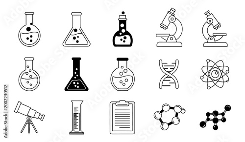 Laboratory equipment silhouette icons flasks beakers microscopes and molecular structures