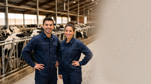 Two smiling farmers in a dairy barn with cows. Professional man and woman in blue overalls on a modern cattle farm. Teamwork in agriculture concept. Large copy space for text