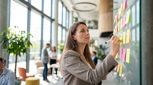 Businesswoman writing on colorful sticky notes on glass wall in modern office setting with colleagues