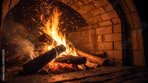 Burning logs in a brick fireplace with sparks and smoke burning wood outdoor oven burning coals fireplace interior combustion lighting seasonal structure traditional open fire charcoal