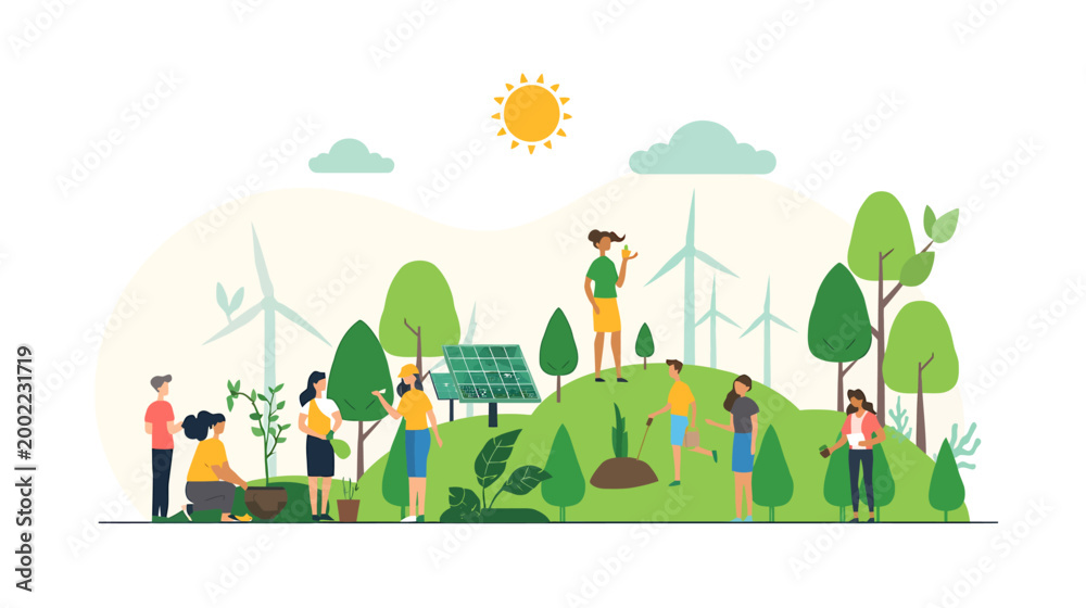 Fototapeta premium People engage in eco-friendly activities on a sunny hill with trees and wind turbines