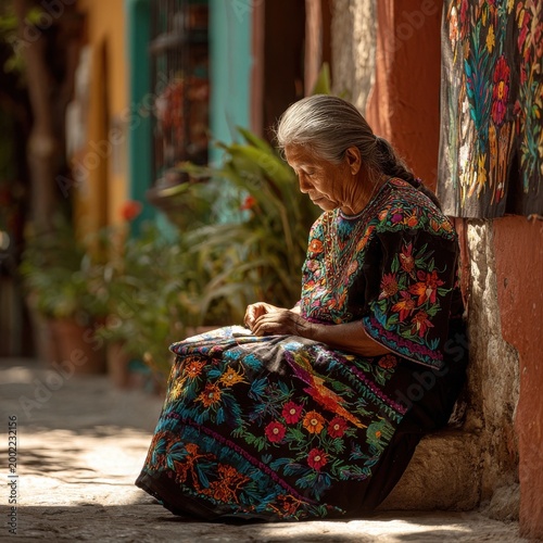 Mexican grandmother embroidering traditional Huichol blouse in sunny courtyard setting