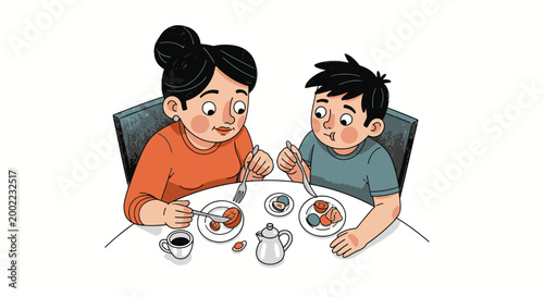 Mother and son enjoying a meal together at a table, sharing food and conversation, illustrating family bonding and healthy eating habits.
