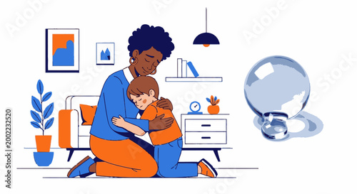 Mother comforting her child with a hug in a living room, symbolizing love, support, and emotional connection.