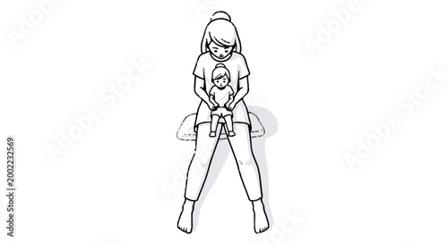 Mother holding her baby on her lap, black and white line drawing, simple illustration for parenting and family themes