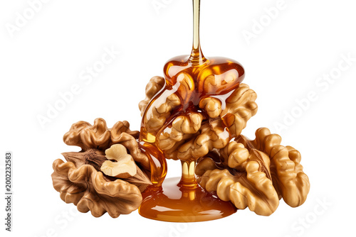 Raw Honey with Walnut Kernels Isolated on Transparent Background