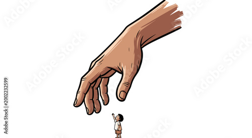 A large, caring adult hand reaching down to a tiny child reaching up, symbolizing support, guidance, protection, and the bond between generations. Isolated vector illustration.