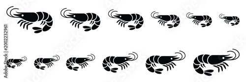 Collection of black silhouette shrimp icons in various poses and sizes